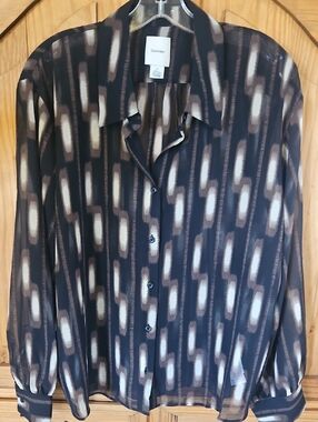 Calvin Klein Black, Brown & Cream Sheer Patterned Button-Up Blouse